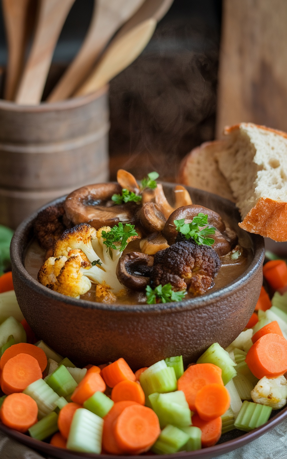 Gourmet Cauliflower and Mushroom Recipes: Elevate Your Cooking A hearty autumn stew with mushrooms and cauliflower, garnished with parsley, served in a rustic bowl.